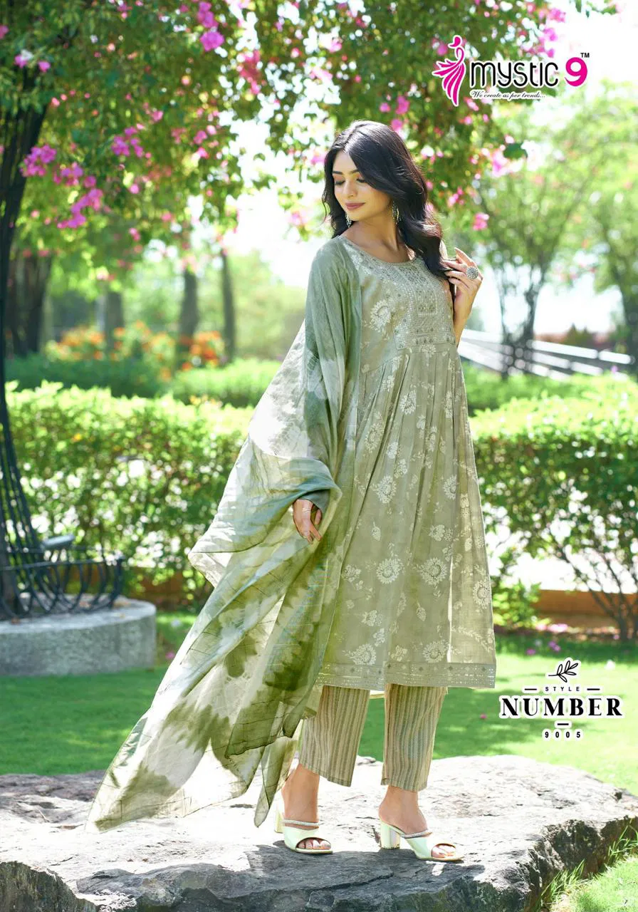 Sara Vol 9 By Mystic 9 Rayon Foil Printed Kurti With Bottom Dupatta Wholesale Market In Surat
